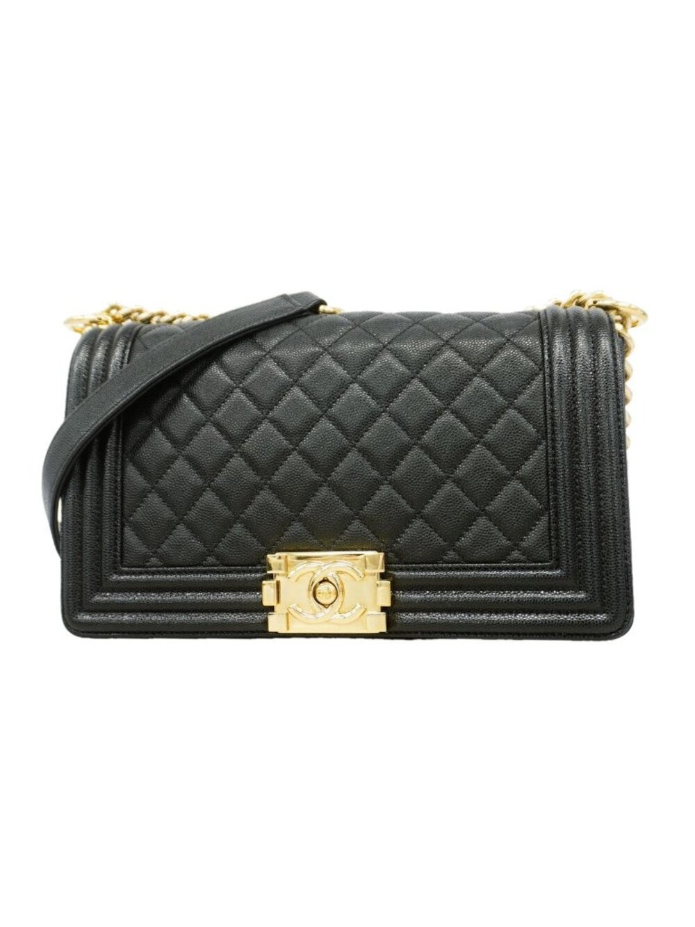Chanel Shoulder Bag Boy Caviar Leather Black Champagne Gold
